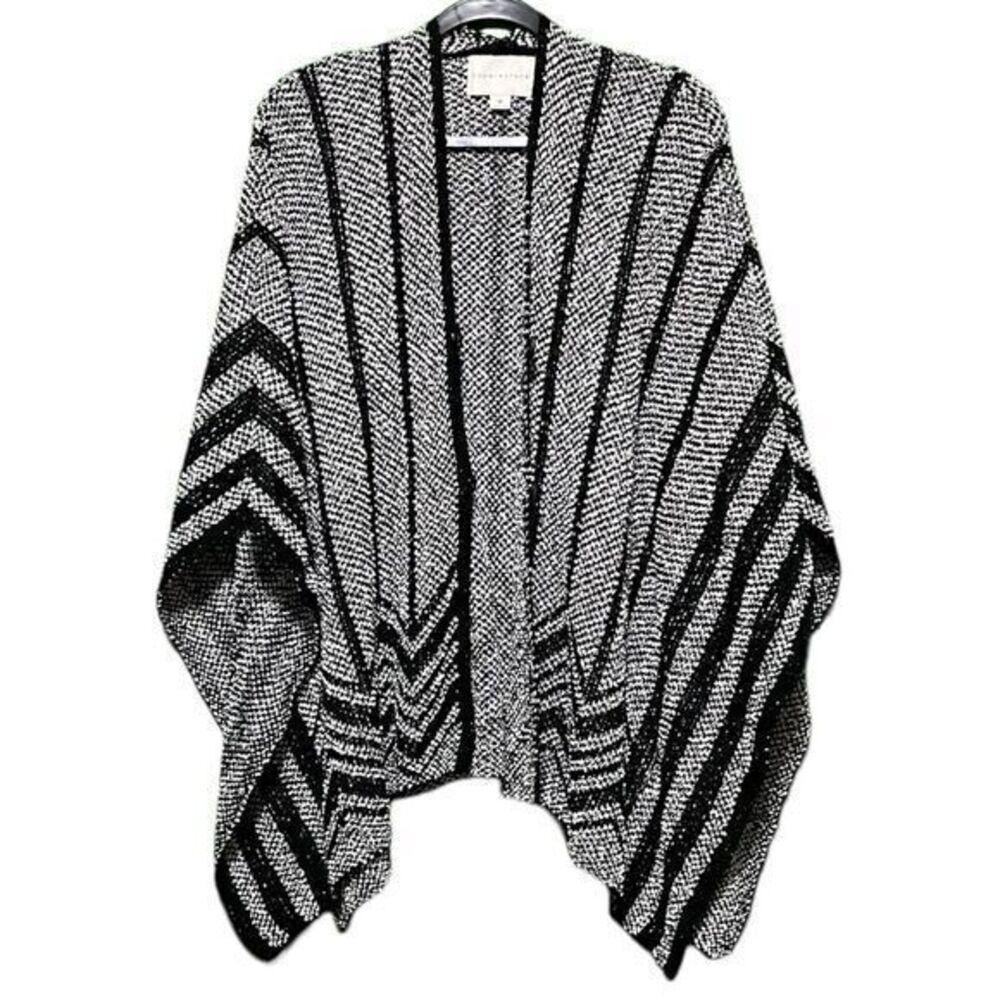 Paper Crane Women's Striped Open‎ Front Knit Poncho Sweater Gray Black Medium